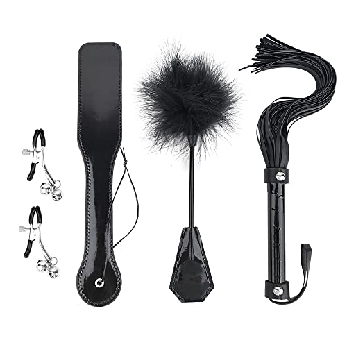 LANWAN 4PCS Whip Set Horse Riding Crop Faux Leather Whip Flogger and Nipple Clamps (Black)