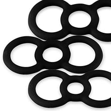 Load image into Gallery viewer, LeLuv Loop Handle Tension Rings Eyro Slippery Black Silicone .5 inch Through .7 inch Unstretched Diameter 3 Pack Sampler
