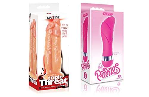 Sexy, Kinky Gift Set Bundle of Massive Triple Threat 3 Cock Dildo and Icon Brands Pinkies, Buddy