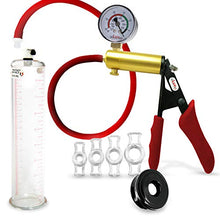Load image into Gallery viewer, LeLuv Penis Vacuum Pump Ultima Handle Red Premium Ergonomic Grips &amp; Uncollapsable Slippery Hose Bundle with Gauge, Airtight Seal &amp; 4 Constriction Ring Sampler Pack | 9&quot; Length x 2.125&quot; Diameter
