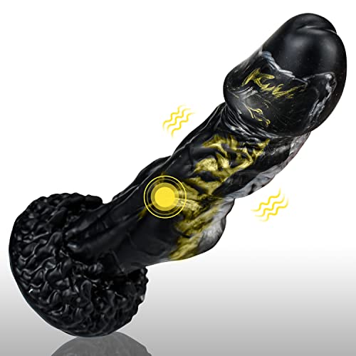 8.7in Vibrating Realistic Dildo, Liquid Silicone G-spot Dildo with 10 Vibration Modes & Strong Suction Cup, Flexible Waterproof Dragon Monster Dildo with Curved Shaft Adult Sex Toy, Black & Golden