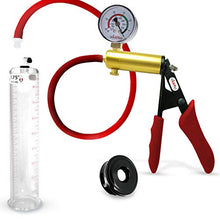 Load image into Gallery viewer, LeLuv Penis Vacuum Pump Ultima Handle Red Premium Ergonomic Grips &amp; Uncollapsable Slippery Hose Bundle with Gauge, Soft TPR Seal 9&quot; Length x 1.75&quot; Diameter Cylinder
