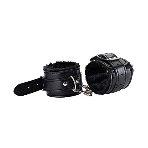 Follsy Sexy Leather Plush Handcuffs Alternative Toys Bundle Teasing Bondage Supplies-Black