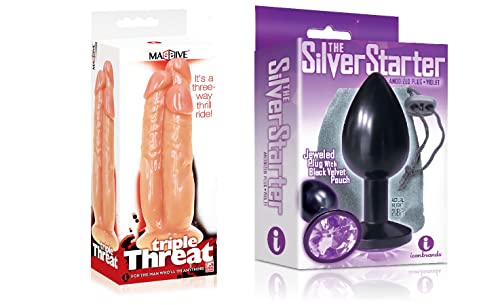 Sexy, Kinky Gift Set Bundle of Massive Triple Threat 3 Cock Dildo and Icon Brands The Silver Starter, Bejeweled Annodized Stainless Steel Plug, Violet