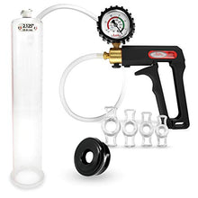 Load image into Gallery viewer, LeLuv Maxi and Protected Gauge Black Penis Pump for Men Bundle with Soft Black TPR Seal and 4 Sizes of Constriction Rings 12 inch Length x 2.125 inch Cylinder Diameter
