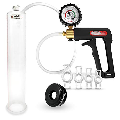 LeLuv Maxi and Protected Gauge Black Penis Pump for Men Bundle with Soft Black TPR Seal and 4 Sizes of Constriction Rings 12 inch Length x 2.125 inch Cylinder Diameter