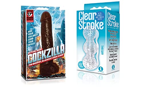 Sexy, Kinky Gift Set Bundle of Cockzilla Nearly 17 Inch Realistic Black Colossal Cock and Icon Brands Clear Stroke - Threeway, Masturbator