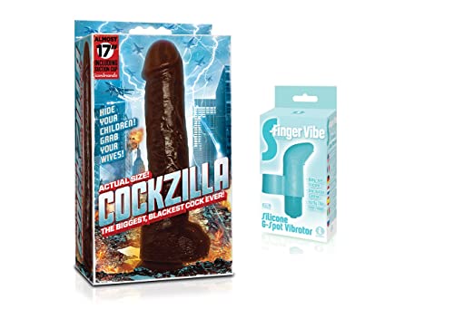 Sexy Gift Set of Cockzilla Nearly 17 Inch Realistic Black Colossal Cock and Icon Brands S-Finger Vibe, Blue