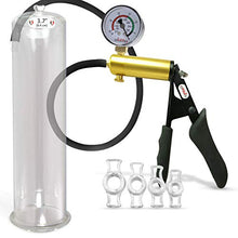 Load image into Gallery viewer, Vacuum Penis Pump Ergonomic Silicone Grip LeLuv Ultima Black with Gauge + 4 Cock Rings 12&quot; x 3.70&quot;
