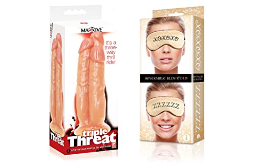 Sexy, Kinky Gift Set Bundle of Massive Triple Threat 3 Cock Dildo and Icon Brands XOXO/ZZZ Satin Blindfold