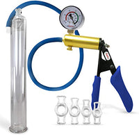 Vacuum Penis Pump Ergonomic Silicone Grip, Uncollapsable Hose LeLuv Ultima Blue Premium with Gauge + 4 Cock Rings 12