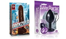 Load image into Gallery viewer, Sexy, Kinky Gift Set Bundle of Cockzilla Nearly 17 Inch Realistic Black Colossal Cock and Icon Brands The Silver Starter, Bejeweled Annodized Stainless Steel Plug, Violet
