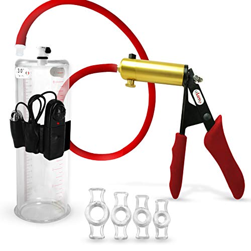 LeLuv Vibrating Penis Pump Ultima Handle Red Premium Ergonomic Grips & Uncollapsable Slippery Hose Bundle with 4 Constriction Rings - 9