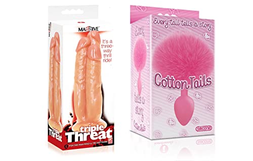 Sexy, Kinky Gift Set Bundle of Massive Triple Threat 3 Cock Dildo and Icon Brands Cottontails, Silicone Bunny Tail Butt Plug, Pink