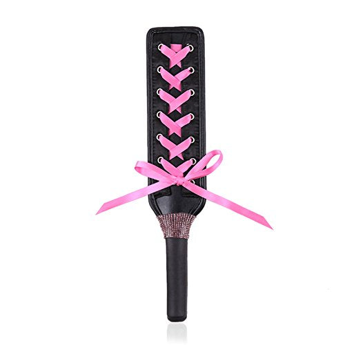 Leather Hand Spanking Paddle Slapper Flogger Whip With Pink Ribbon Bow and Rhinestone Stage Fancy Dress Up Costume Role Game Play Toy