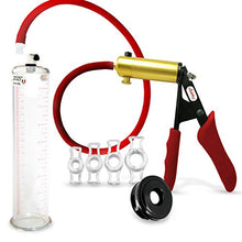 Load image into Gallery viewer, LeLuv Penis Vacuum Pump Ultima Handle Red Premium Ergonomic Grips &amp; Uncollapsable Slippery Hose Bundle with Airtight Seal &amp; 4 Constriction Ring Sampler Pack - 9&quot; Length x 2.125&quot; Diameter Cylinder
