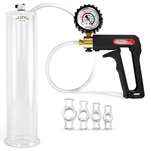 LeLuv Maxi and Protected Gauge Black Penis Pump for Men Bundle with 4 Sizes of Constriction Rings 12 inch Length x 2.875 inch Cylinder Diameter