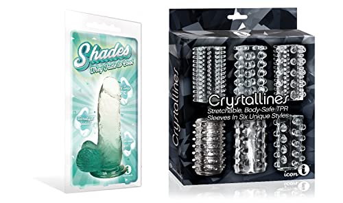 Sexy, Kinky Gift Set Bundle of Shades, Small Jelly TPR, Gradient Dong, Emerald and Icon Brands Crystalline TPR Cock Sleeves, 6 Pack, Clear