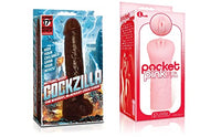 Sexy Gift Set Bundle of Cockzilla Nearly 17 Inch Realistic Black Colossal Cock and Icon Brands Pocket Pink, Mini Pussy Masturbator