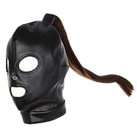 PU Leather Bondage Mask Hood SM Adult Sex Toy with Removable Wig, Unisex Adult Eyes and Mouth Open Black Restraint Headgear Mask Hood Breathable Blindfold Face Cover Blindfold Cosplay