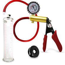 Load image into Gallery viewer, LeLuv Penis Vacuum Pump Ultima Handle Red Premium Ergonomic Grips &amp; Uncollapsable Slippery Hose Bundle with Protected Gauge, Soft TPR Seal 9&quot; Length x 2.125&quot; Diameter Cylinder
