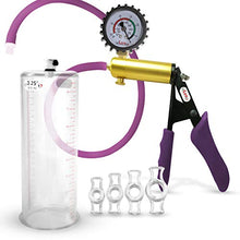 Load image into Gallery viewer, LeLuv Ultima Purple Premium Penis Pump with Ergonomic Grips and Silicone Hose + Gauge &amp; Cover, 4 Cock Rings | 9&quot; x 3.25&quot;
