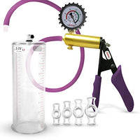 LeLuv Ultima Purple Premium Penis Pump with Ergonomic Grips and Silicone Hose + Gauge & Cover, 4 Cock Rings | 9