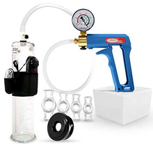 Load image into Gallery viewer, LeLuv Vibrating Penis Pump Maxi Blue Plus Vacuum Gauge Bundle with Soft Black TPR Seal &amp; 4 Sizes of Constriction Rings 9 inch x 2.125 inch Cylinder
