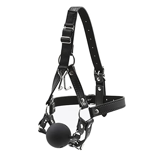 Faux Leather Bondage Head Harness with Nose Hooks and Breathable Silicone Ball Gags for Sex Games, BDSM Restraints Toys Bondage Hood Harness (Black)