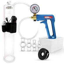Load image into Gallery viewer, LeLuv Vibrating Penis Pump Maxi Blue Plus Vacuum Gauge Bundle with Soft Black TPR Seal &amp; 4 Sizes of Constriction Rings 12 inch x 2.125 inch Cylinder
