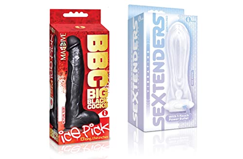 Sexy Gift Set Bundle of Big Black Cock Ice Pick 13 Inch Dildo and Icon Brands Vibrating Sextenders, Contoured