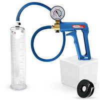 LeLuv Maxi Blue Plus Vacuum Gauge Penis Pump Bundle with Premium Silicone Hose and Black TPR Seal 9 inch x 2 inch Cylinder
