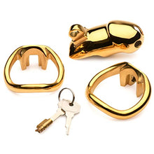 Load image into Gallery viewer, MASTER SERIES Midas 18K Gold-Plated Locking Chastity Cage for Men, and Couples. Gold Plated Cage with Two Graduated Rings &amp; 2 Keys, Perfect for Chastity Play. 5 Piece Set, Gold.
