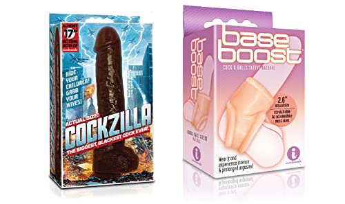 Sexy, Kinky Gift Set Bundle of Cockzilla Nearly 17 Inch Realistic Black Colossal Cock and Icon Brands Base Boost - Natural, Cock & Balls Sleeve