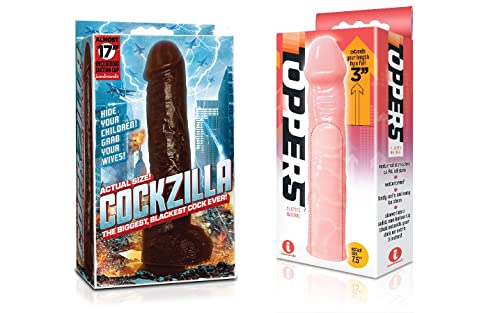 Sexy, Kinky Gift Set Bundle of Cockzilla Nearly 17 Inch Realistic Black Colossal Cock and Icon Brands Toppers - Natural, Extender Sleeve
