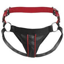 Load image into Gallery viewer, Master Series Heathen&#39;s Harness Male Body Harness for BDSM, Vegan Leather Body Harness Restraints with 2 inch Cock Ring. Large - X-Large, Black &amp; Red
