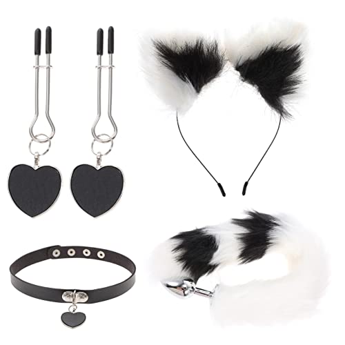 Women Fluffy Fox Set with Fox Tail Butt Plug Collar Nipple Ring and Plush Fox Ear Headband Faux Fur Cat Cosplay Toy Flirting Pleasure Game Toy