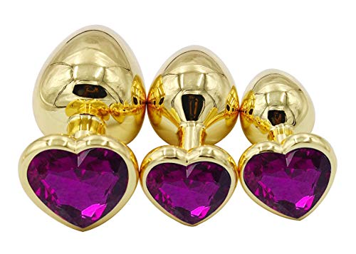 3Pcs Set Luxury Metal Butt Toys Heart Shaped Anal Trainer Jewel Butt Plug Kit S&M Adult Gay Anal Plugs Woman Men Sex Gifts Things for Beginners Couples Large/Medium/Small,Golden Purple