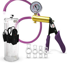 Load image into Gallery viewer, Vibrating LeLuv Ultima Purple Premium Penis Pump with Ergonomic Grips and Silicone Hose, Gauge + 4 Cock Rings | 9&quot; x 3.00&quot;
