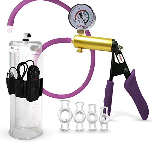 Vibrating LeLuv Ultima Purple Premium Penis Pump with Ergonomic Grips and Silicone Hose, Gauge + 4 Cock Rings | 9