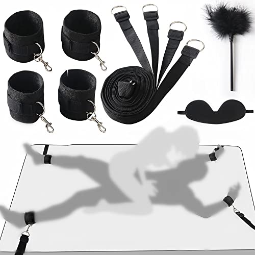 Sex BDSM Bondage Kit for Couples Sex Bed Straps Restraints Set with Fetish Comfy Ankle & Wrist Cuffs Blindfold Tickler for Adults Sm Sex Play Games (Bed Restraints Set)