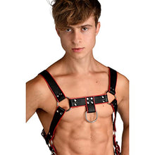 Load image into Gallery viewer, Master Series Heathen&#39;s Harness Male Body Harness for BDSM, Vegan Leather Body Harness Restraints with 2 inch Cock Ring. Small Medium, Black &amp; Red
