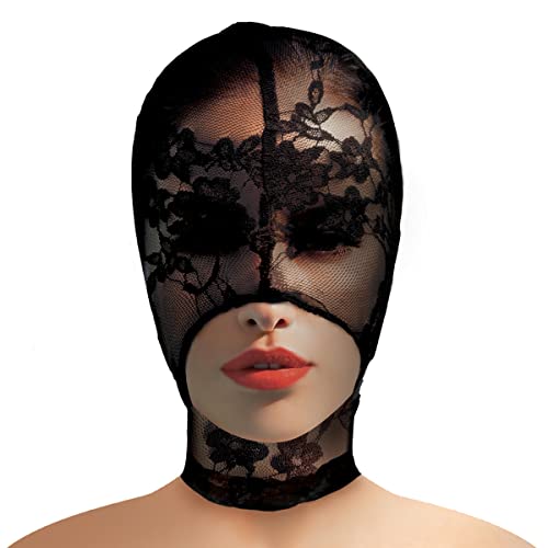 Master Series Lace Seduction Bondage Hood. BDSM Mask and Sexy Fetish Fantasy Costume for Women, Men & Adult Couples. Machine Washable, Polyester, Black, One Size Fits Most