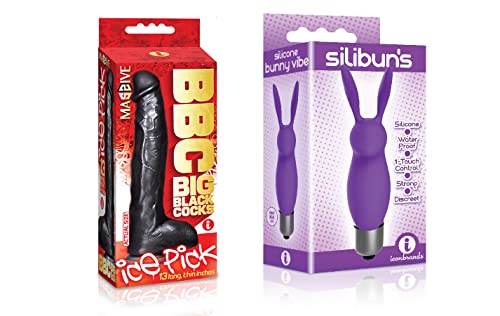 Sexy, Kinky Gift Set Bundle of Big Black Cock Ice Pick 13 Inch Dildo and Icon Brands Silibuns, Silicone Bunny Bullet, Purple