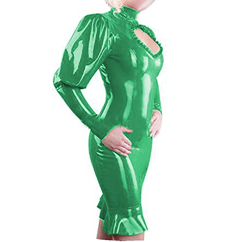 Women Latex Long Sleeve Bodycon Mini Dress High Neck Slim Party Club Short Dress Vestidos Club Party Leather PVC Dresses,Green,M