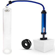 Load image into Gallery viewer, LeLuv Aero Blue Lightweight Penis Pump Bundle with Soft Black TPR Seals 12 inch Length x 2 inch Untapered Length Seamless Cylinder
