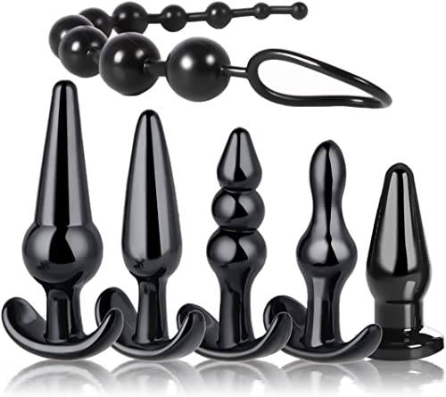 6PCS-Waterproof Silicone Anal Plugs Trainer Set Butt Plugs Toy for Women Men Beginner Training Kit Large Huge Anal Beads Adult Sensory Toys, Black