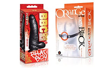 Load image into Gallery viewer, Sexy Gift Set of Big Black Cock Phat Boy 9 Inch Dildo and Icon Brands Orange is The New Black, Blow Gag, Open Mouth Leather Gag

