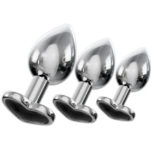 Load image into Gallery viewer, Jewelled Butt Plugs by bed geek Stainless Smooth Metal Anal Plug Adult Sex Toys Velvet Bags 3 Size Pack (Heart Black)
