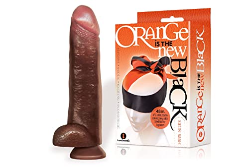 Sexy Gift Set Bundle of Blackout 13 Inch Realistic Cock Dildo Brown and Icon Brands Orange is The New Black, Satin Sash, Reversible Blindfold/Restraint